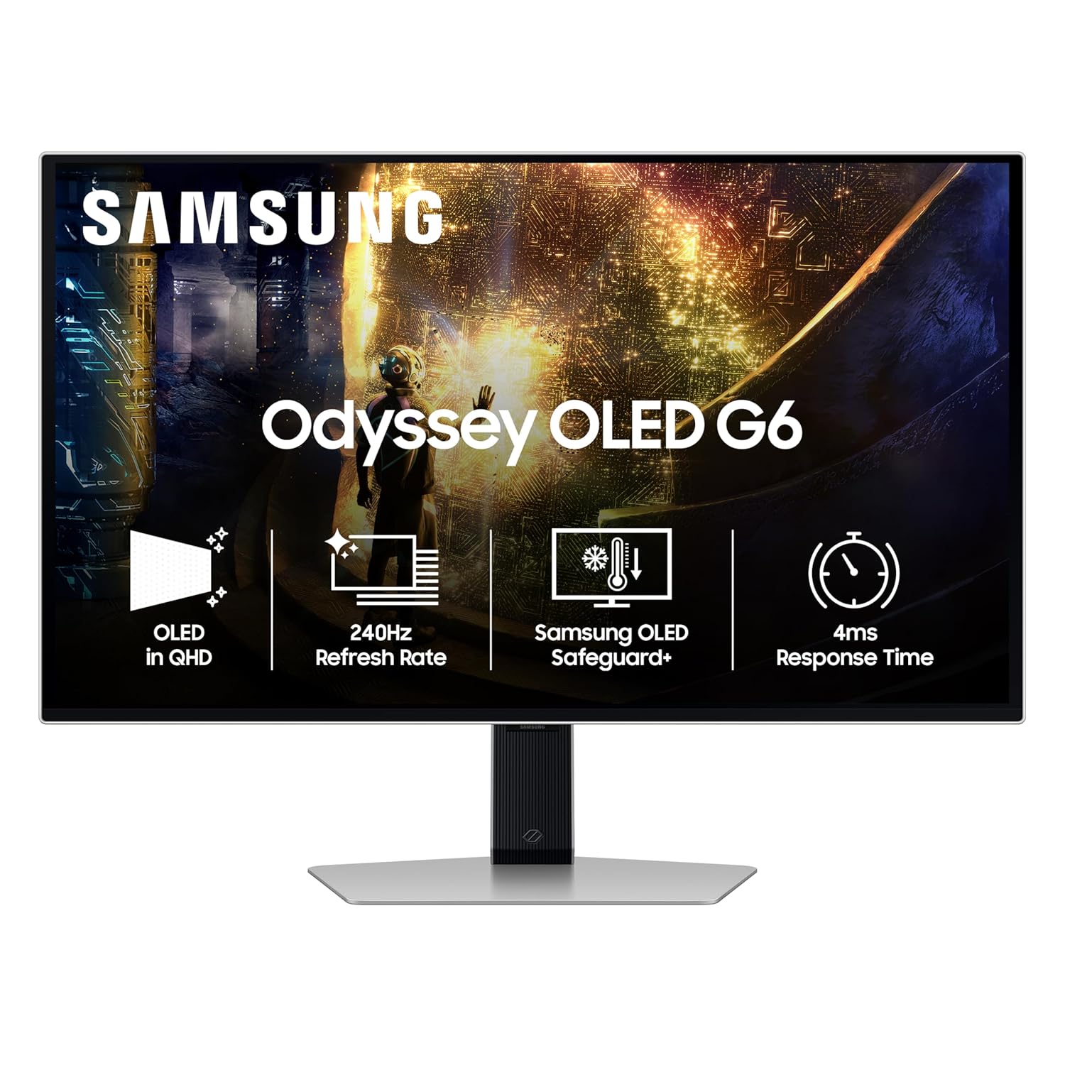 Samsung 27" (67.8 cm) Odyssey G6 OLED 2K Gaming Monitor|QHD 2560 x 1440|240 Hz|0.03ms| OLED Safeguard+|FreeSync Premium Pro|Nvidia G-Sync|Height-Tilt-Pivot Adjustable Stand|LS27DG610SWXXL|Silver