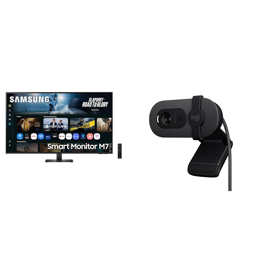 Samsung 43"(1.08m) 4K M7 Vision AI Smart Monitor | UHD 3840 x 2160 | Smart TV Experience with AI Picture & Sound|Type-C|Apple AirPlay|Gaming Bar + Logitech Brio 100 Full HD 1080P Webcam