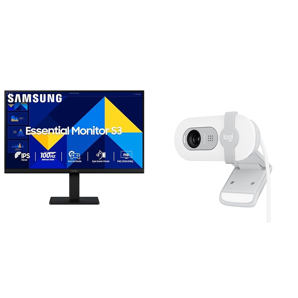 Samsung 22" (54.6 cm) S3 Flat Monitor|Super Slim Borderless Design|IPS Panel|FHD 1920 x 1080|100 Hz|5 ms|Ports-HDMI,VGA|Game Mode|Eye Saver Mode + Logitech Brio 100 Full HD 1080P Webcam