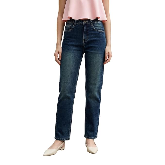 Urbano Fashion Women's High Rise Straight Fit Washed Jeans Non-Stretchable