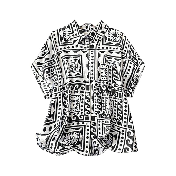 Gufrina Women's Polyester Shirt with Pocket Half Raglan Sleeves Spread Collar Neck Geometric Printed Relaxed Fit and Standard Length