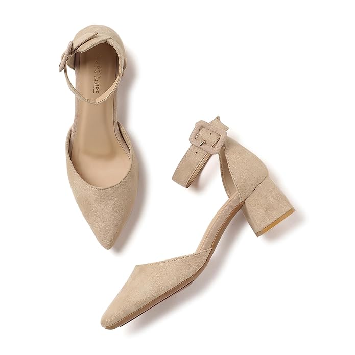 Marc Loire Women's Pointed Toe Pumps with Block Heel | Formal & Party Shoes with Ankle Loop & Buckle Strap | Office Wear Footwear