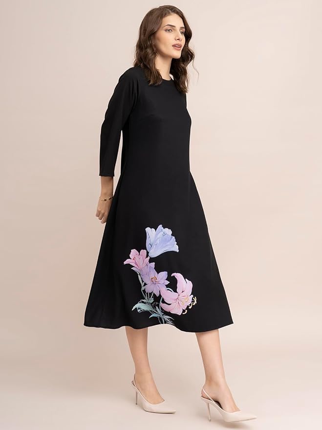 FableStreet Women Black Floral Formal A-Line Midi Dress