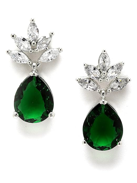 Karatcart Silver Tone Green American Diamond Drop Earrings for Women