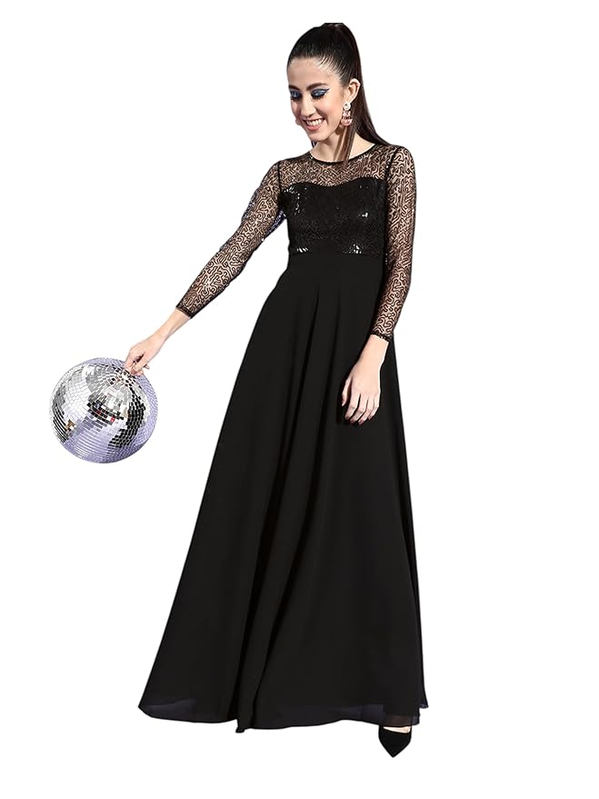 Miss Chase Women's Round Neck Cap Sleeve Embellished Fit Flare Maxi Dress