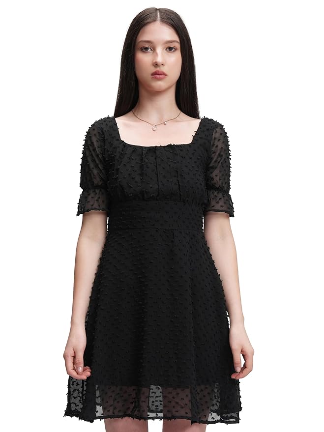 Tokyo Talkies Womens Self-Design Fit & Flare Short Dress | Square Neck & Front Gathering | Chic & Feminine with Puff Sleeves | Dress for Women | Women Dress | Stylish Women Dress