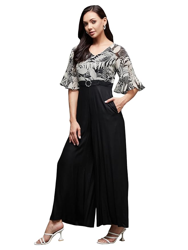 Miss Chase Women's V- Neck Ruffled Sleeve Wide Leg Regular-Length Polyester Printed Jumpsuit