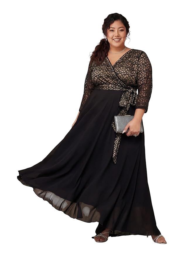 Miss Chase A+ Women's Mandarin Collar Bishop Sleeve Embellished Maxi Dress with Pockets