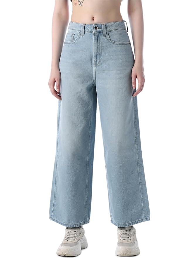 ONLY Women's Solid Wide Leg High Rise Black Jeans