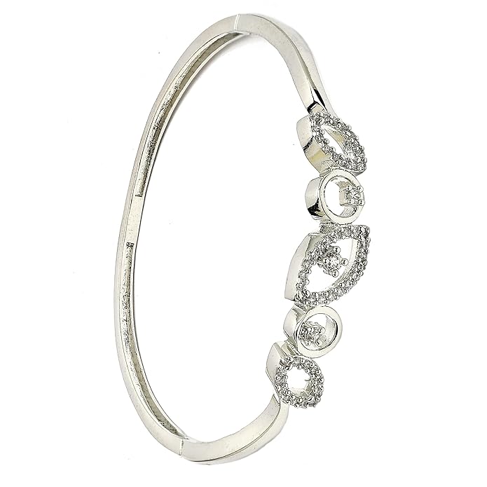 ZENEME Rhodium Plated Silver Toned American Diamond Studded Grace Line Kada Bracelet For Women