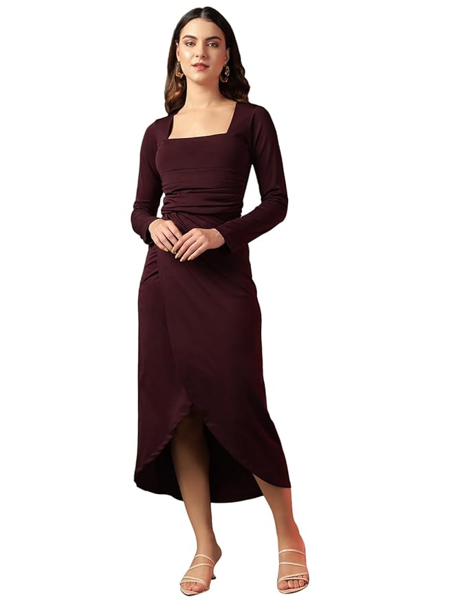 Trend Arrest.ed Women's Bodycon Midi Dress | Square Neck Wrap Style | Stretchable | Full Sleeve Fitted Dress for Party, Evening, Casual Outings & Date Night
