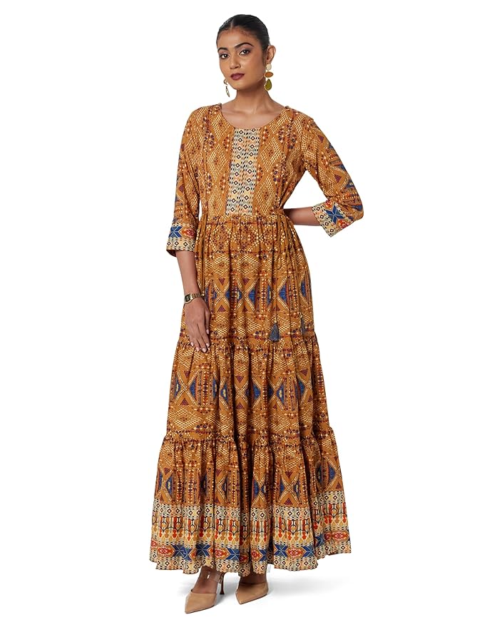 BIBA Women Casual Dress Ankle Length Cotton Tiered Dress