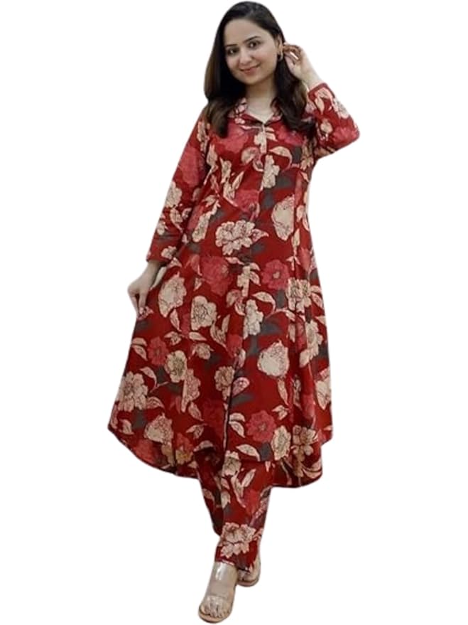 GRECIILOOKS Co ord set for women stylish | Anarkali Kurta-Set – Viscose Printed Kurta & Straight Pant | kurtis| Festive Indian Traditional Outfit Dress for Functions & Puja | Trendy Travel & Streetwear Look for Woman | 3/4 Half Sleeve