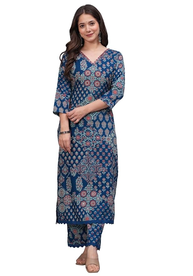 rytras Women Pure Cotton Printed Straight Kurta Set with Palazzo Pants - Ethnic Wear