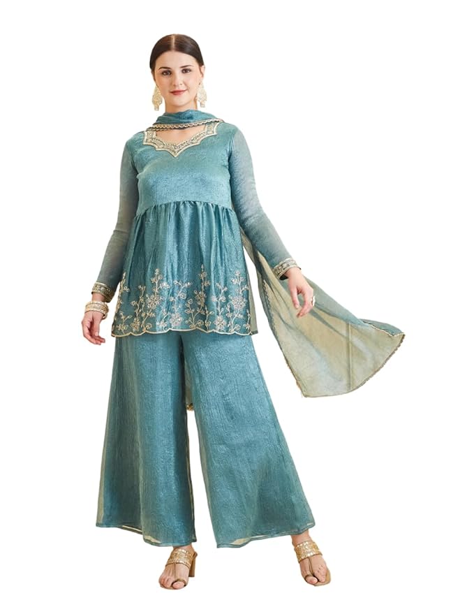 MOKOSH Women's Silk Embroidered Peplum Kurta Set with Sharara & Dupatta | Full Sleeve Round Neck Ethnic Wear