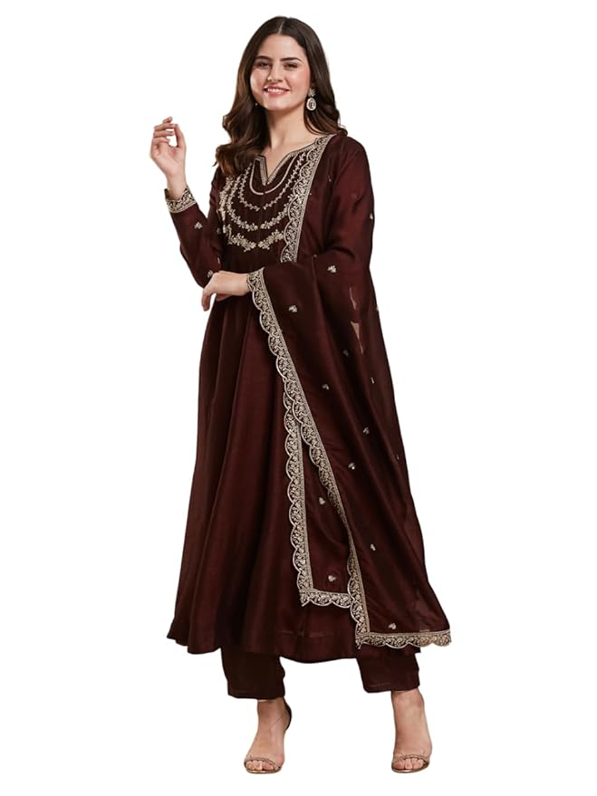MOKOSH Women’s Silk Embroidery Anarkali Kurta Pant with Dupatta | Women's Anarkali Kurta Set | 3 Piece Ethnic Outfit with Dupatta | Round Neck Full Sleeve
