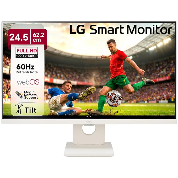 LG 25SR50F 62 cm (25 Inch) Full HD (1920x1080) IPS Smart Monitor, webOS, Wi-Fi, Bluetooth, Miracast, AirPlay2, 5W x2 Speakers, HP Out, HDMI x2, USB-A, Reader Mode, 3-Side Virtually Borderless (White)