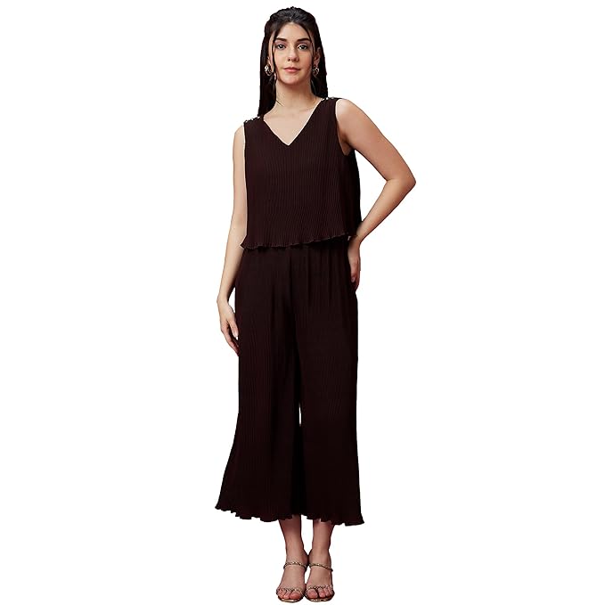 Globus Women Brown Self Design V-Neck Sleeveless Pleated Party Jumpsuit-3640245001