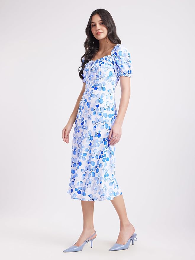 FableStreet Women's Floral Fit and Flare Dress - Blue and White