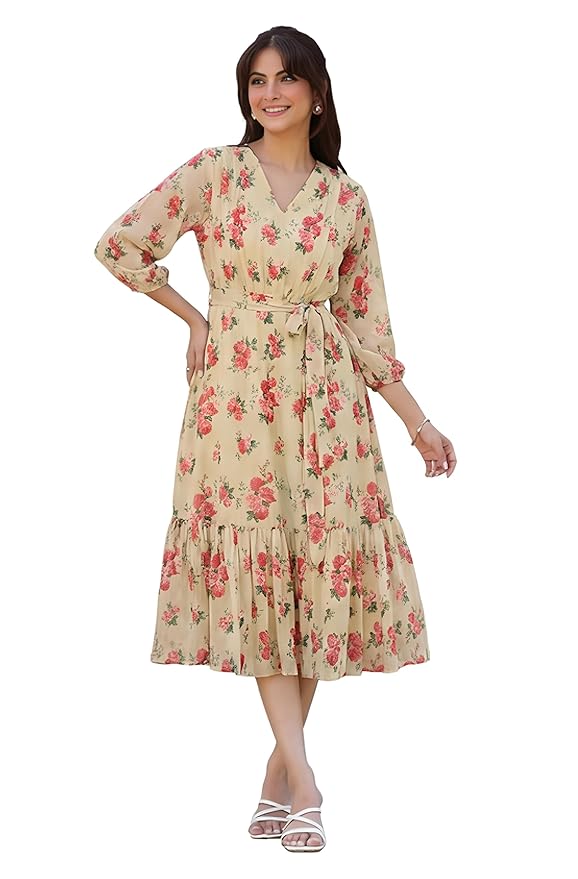 Janasya Women's Georgette Floral Printed Tiered Dress