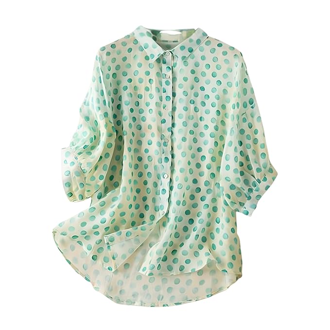Gufrina Women’s Button Down Shirt with Relaxed Fit and Three Quarter Sleeves Featuring Polka Dot Print (TOP-130)