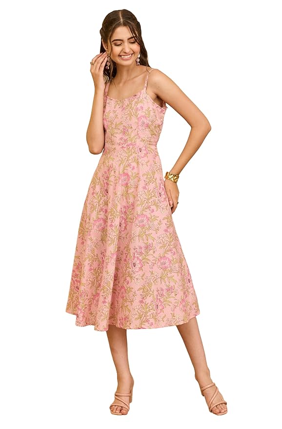 Janasya Women's Rose Pink Pure Cotton Floral Printed A-line Dress