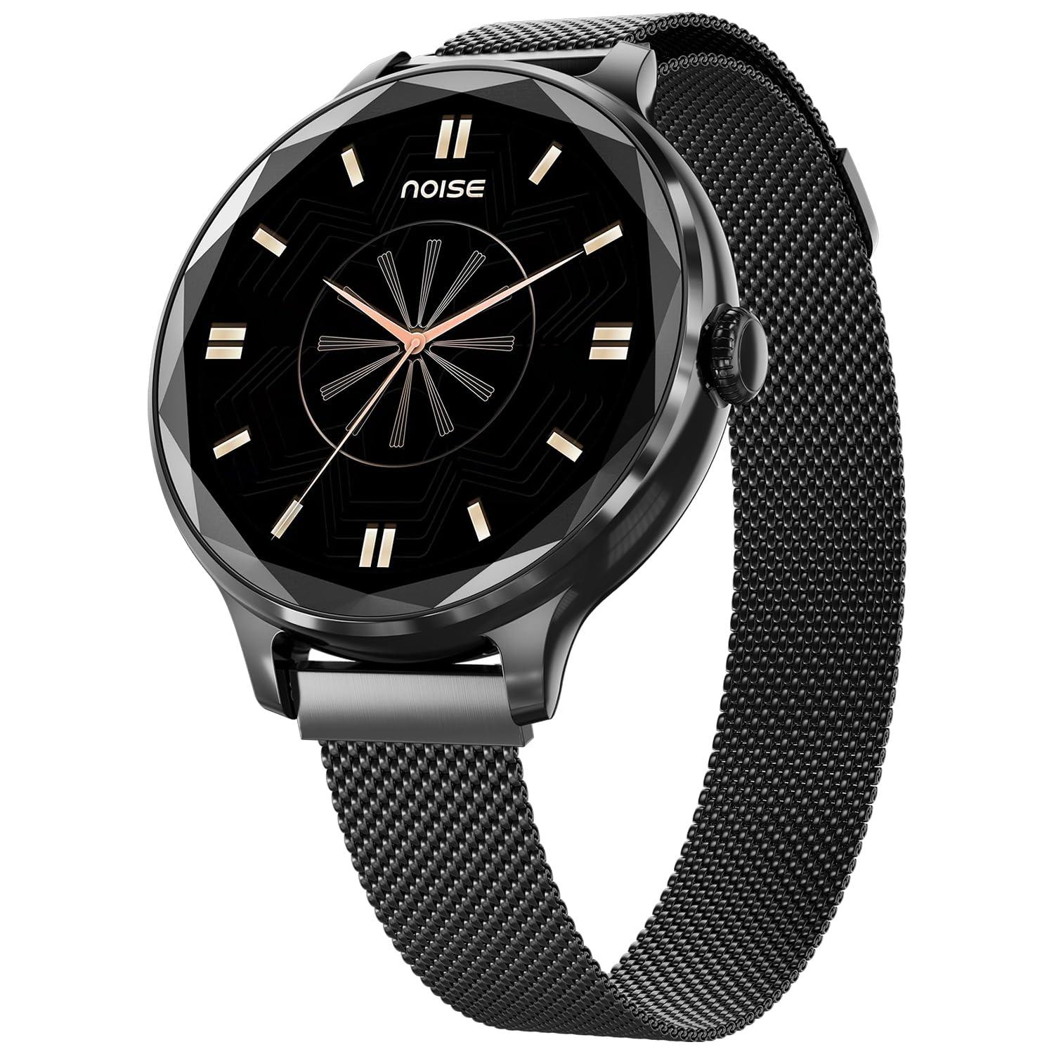 Noise Diva (Smartchoice) Smartwatch with Diamond Cut dial, Glossy Metallic Finish, AMOLED Display, Mesh Metal and Leather Strap Options, Female Cycle Tracker smart Watch for Women (Black Link)