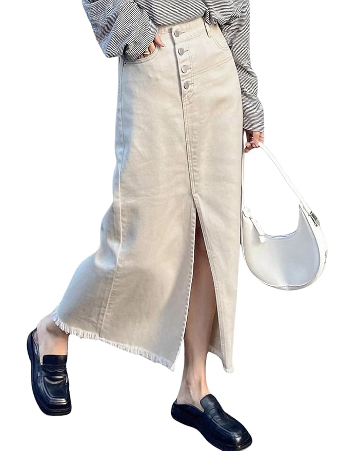 GRECIILOOKS Women's High Waist White Denim Skirt with Front Slit – Long Maxi Jean Skirt Casual Fashion – Stylish Denim Skirts for Women