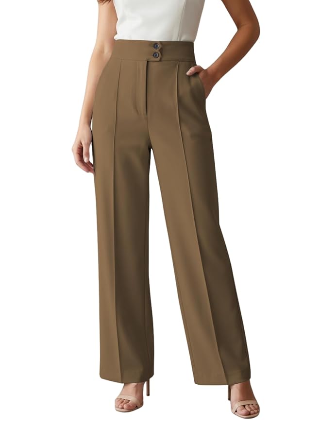 GRECIILOOKS Korean Style Trousers | High Waist Wide Leg Formal Pants | Ankle Length Stretchable Office Wear | Button Closure Straight Fit | Regular Fit Pants for Women