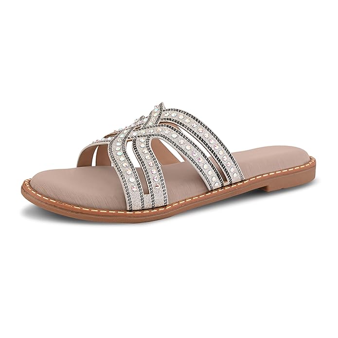 Centrino Women's Beaded Flat Sandals| Open Toe Stylish Slip-On Sandals for Ladies | Metallic Crisscross Straps with Soft Cushioned Footbed for Comfort | Lightweight Casual Fashion Footwear (9305)