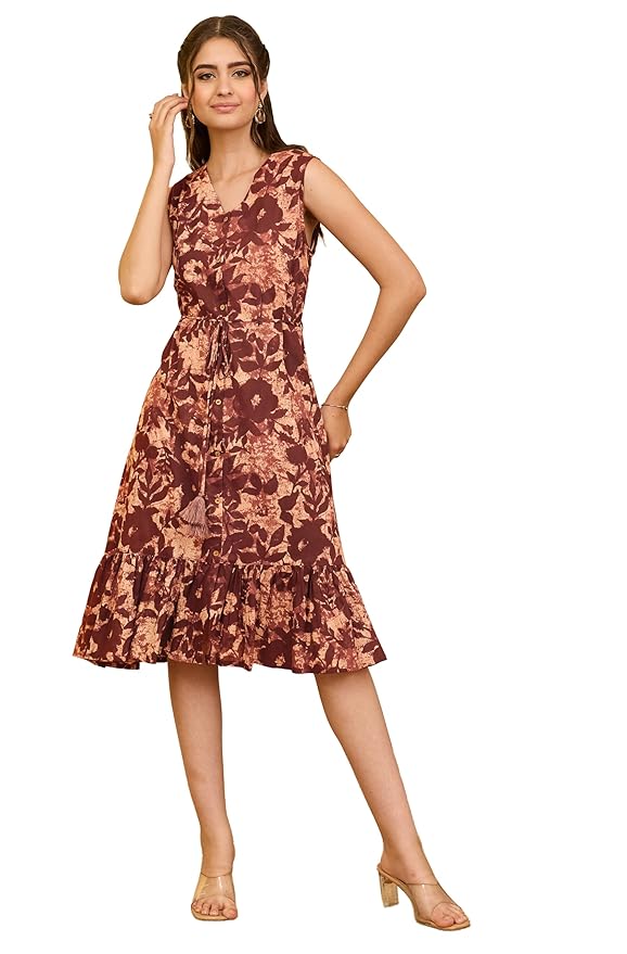Janasya Women's Cotton Ethnic Motifs Flared Western Dress