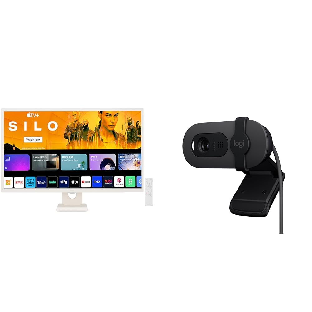 LG 32SR50F Smart Monitor (32", 80cm), FHD IPS Display (1920 x 1080) with webOS, Work & Play Smarter, ThinQ Home Dashboard, AirPlay 2 + Screen Share + Logitech Brio 100 Full HD 1080P Webcam