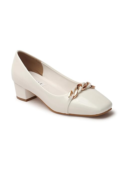 ELLE Women's Square Toe Block Heels Slip-On Pumps with Chain Detail