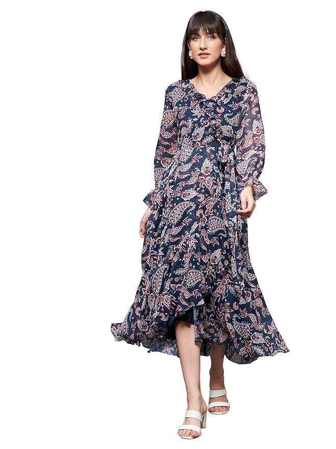 Miss Chase Women’s Bohemian Ruffled Tie-Up Midi Chiffon Dress