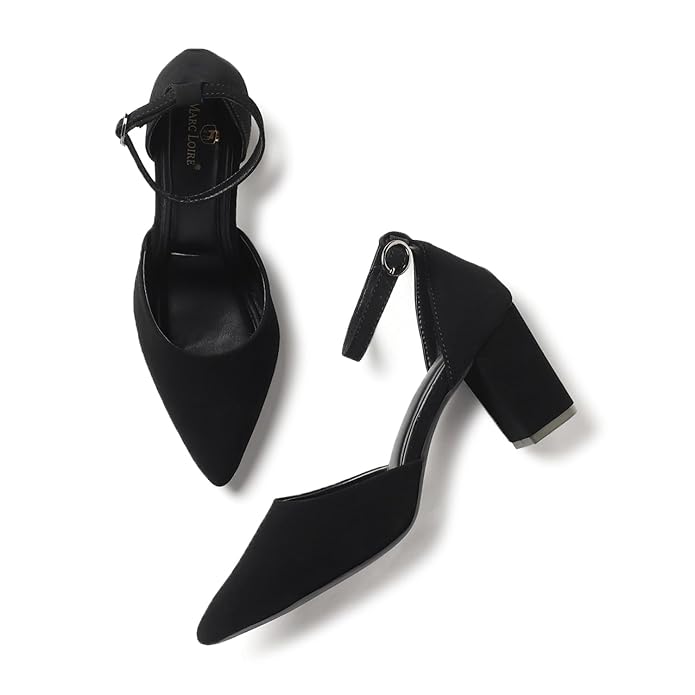 Marc Loire Women's Pointed Toe Block Heel Pumps | Office & Party Shoes with Ankle Loop & Buckle Strap | Formal Footwear
