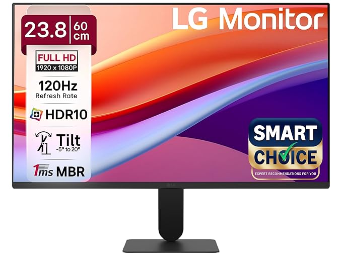 LG24U411A-BN Smartchoice 60 cm (24-inch) Full HD (1920 x 1080) IPS Monitor, 3-Side Virtually Borderless, 1ms MBR, 120Hz, sRGB 99%(Typ.), HDR10, Reader Mode, Flicker Safe, VGA, HDMI, Slim Stand, Black