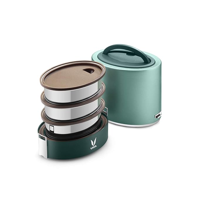 VAYA TYFFYN Lunch Box for Office for Men, with Polished Stainless Steel Containers, 1000ml Thermal Insulated , Hot Tiffin Box with 3 Compartments, Without BagMat, Green