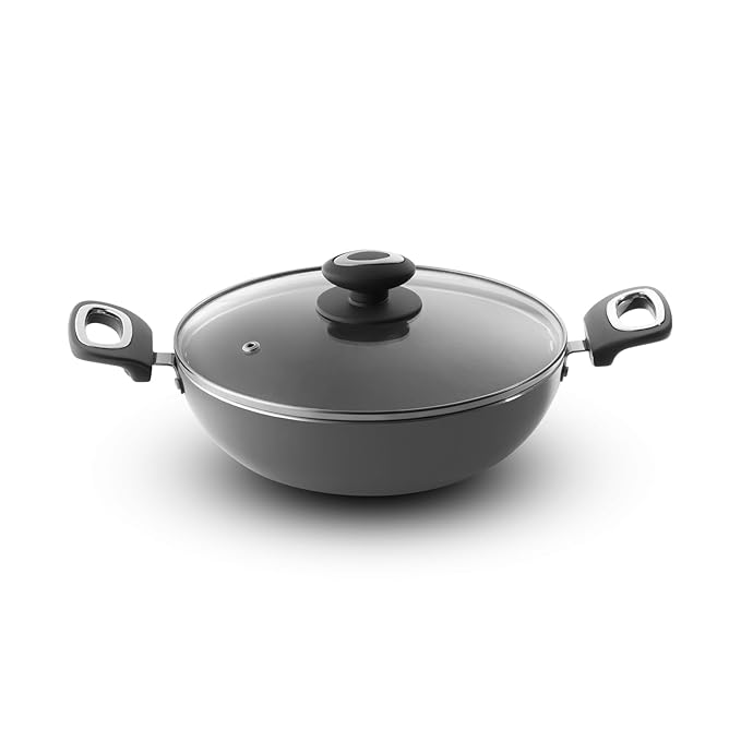 VAYA Hautechef Kadai with Glass Lid 16cm, Has Non Stick Coating, 3-Layer ILAG Swiss Coating, PFOA-Free, Induction Friendly, with Soft-Touch Matching Handle, Color - Grey