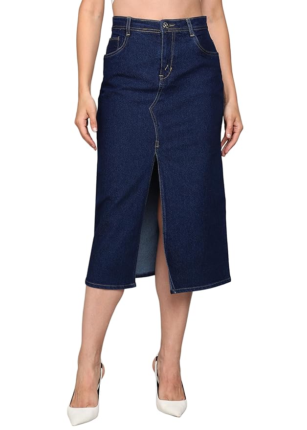 Nifty Women's Front Slit Midi Denim Skirt