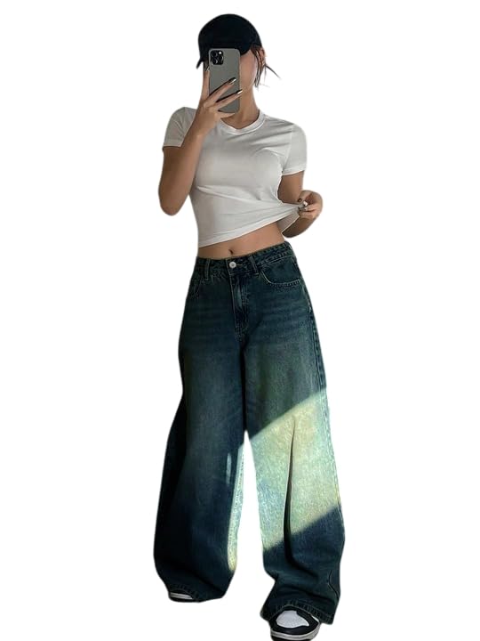 KOTTY Women Trendy Wide Leg Jeans High Waist Baggy Fit Denim Streetwear Jeans