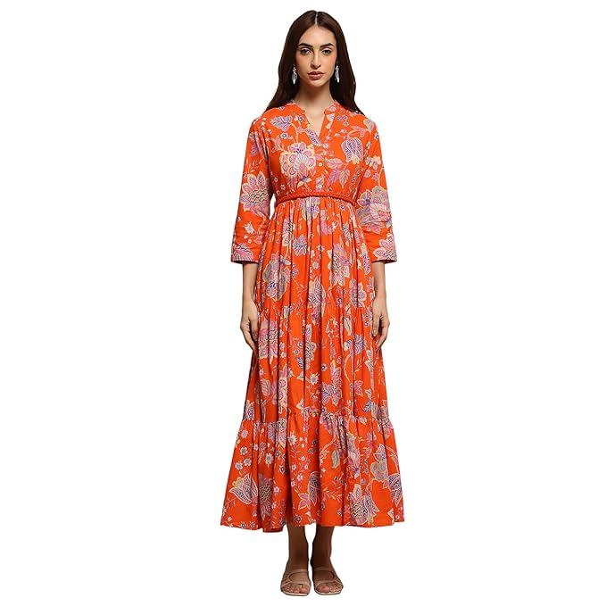 Biba Women's Cotton 3/4 Sleeves Calf Length Band Collar A-Line Floral Printed Casual Dress