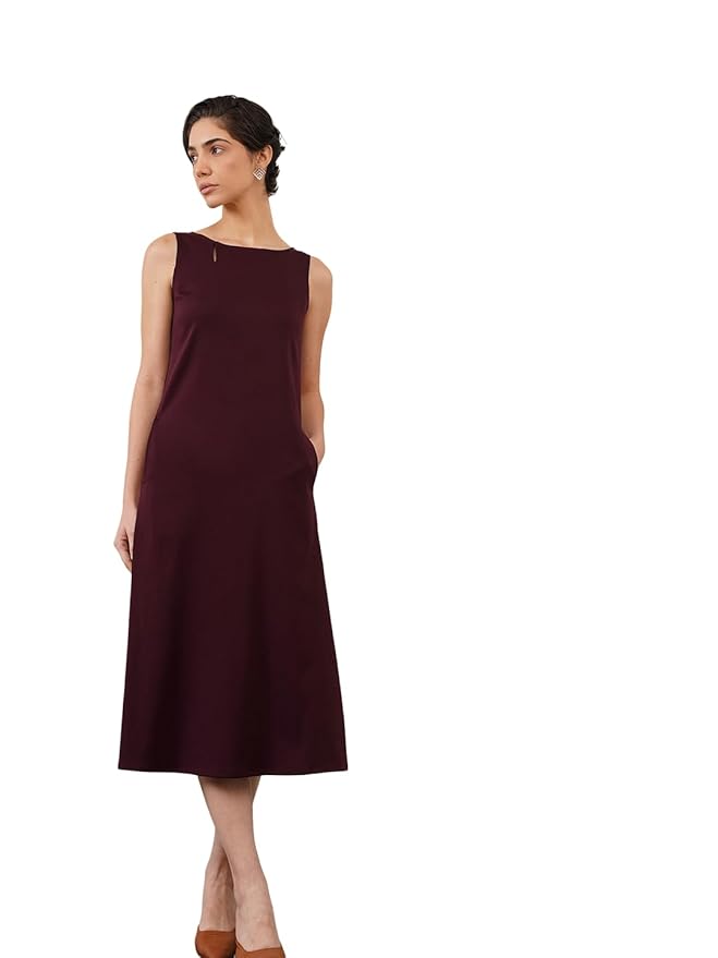 FableStreet Women Formal Dress | Elegant A-Line Fit Sleeveless Boat Neck Solid Color | Premium Stretchable Polymoss Fabric with Keyhole Detail & Pockets for Office & Day-to-Night Wear