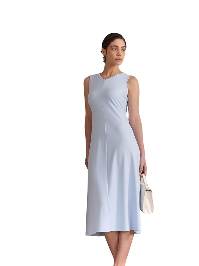 FableStreet Women Formal Dress | Slim Fit A-Line Midi V-Neck Sleeveless Textured Design | Premium Self-Design Dobby Fabric for Office & Elevated Workwear