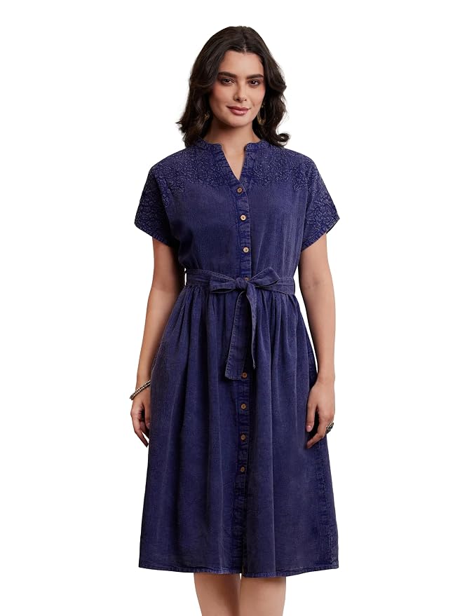 Amazon Brand - Myx Women's Embroidered Shirt Dress | Cotton Blend | Below The Knee (Available in Plus Sizes)