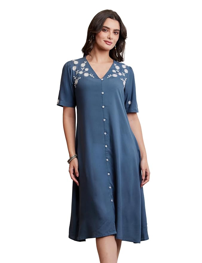 Amazon Brand - Myx Women's Embroidered Shirt Dress | Below The Knee (Available in Plus Sizes)