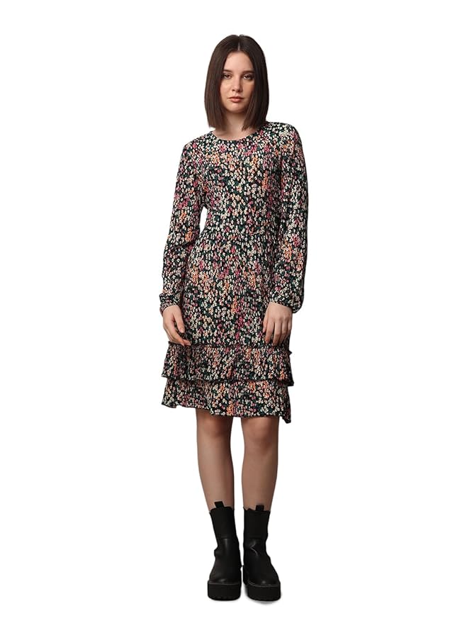 ONLY Floral Printed Layered A-Line Mini Dress | Tiered Knee Length Dress for Women
