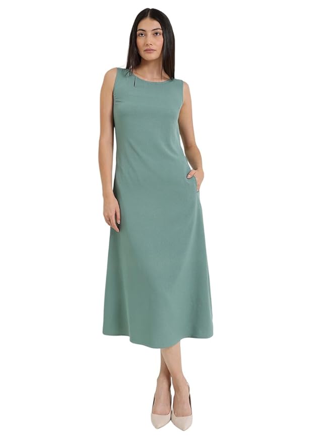 FableStreet Women Formal Dress | Elegant A-Line Fit Sleeveless Boat Neck Solid Color | Premium Stretchable Polymoss Fabric with Keyhole Detail & Pockets for Office & Day-to-Night Wear