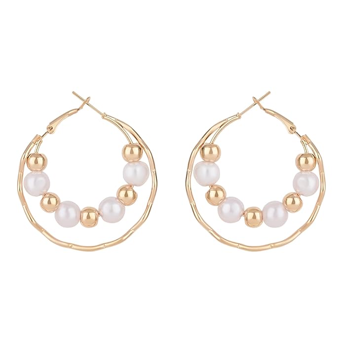 I Jewels Latest Fashion Stylish Gold Plated Lightweight Round Pearl Hoop Earrings For Women