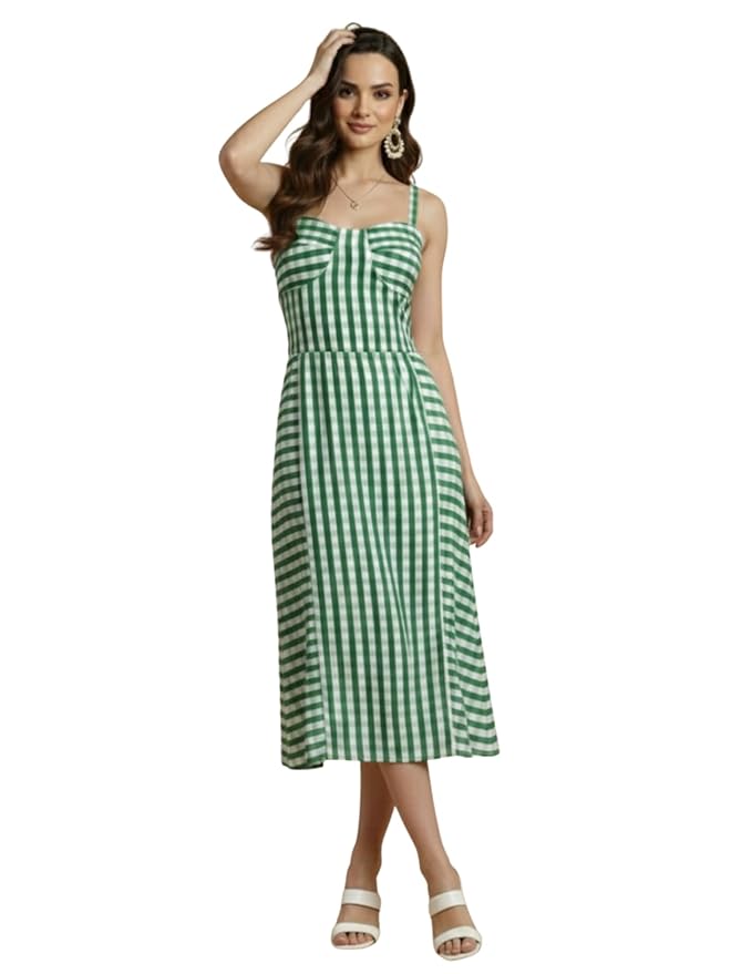 Aahwan Fit and Flare Red Gingham Check Shoulder Ties Slim Fit Midi Cami Dress for Women's & Girl's