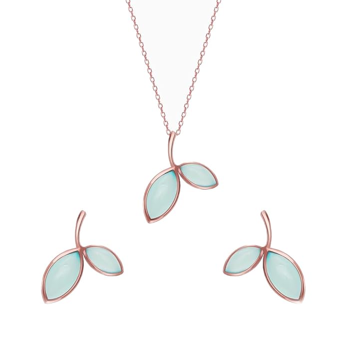 GIVA 925 Silver Rose Gold Aqua Dual Chalcedony Leaf Set With Earrings, Pendant & Chain | Gift Sets for Women & Girls | With Certificate of Authenticity and 925 Stamp|6 Month Warranty*